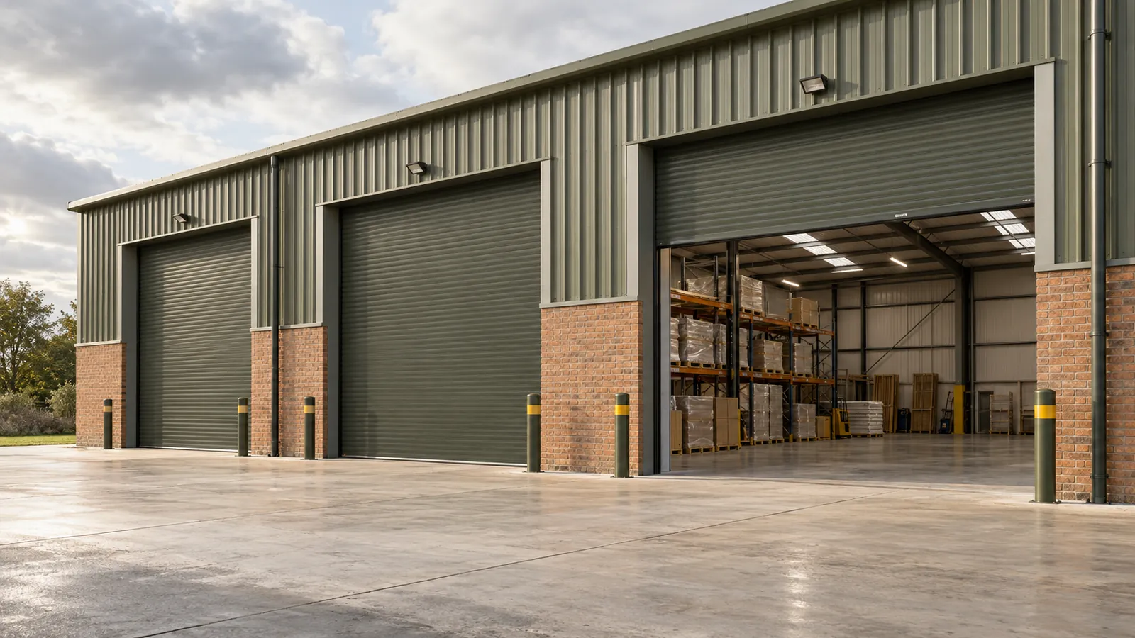 Industrial warehouse with large steel roller shutter doors