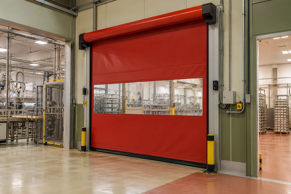 Red flexible high-speed door separating two clean production spaces