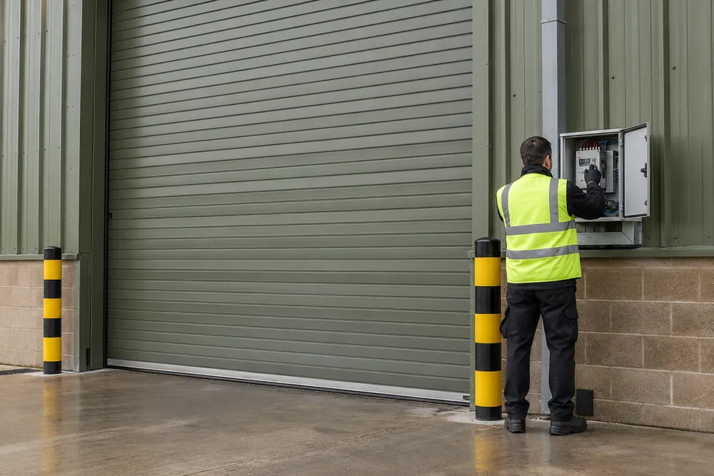 Engineer checking an isolated door control enclosure in a warehouse