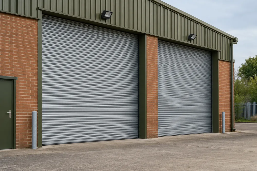 Galvanised roller shutters on a brick commercial unit