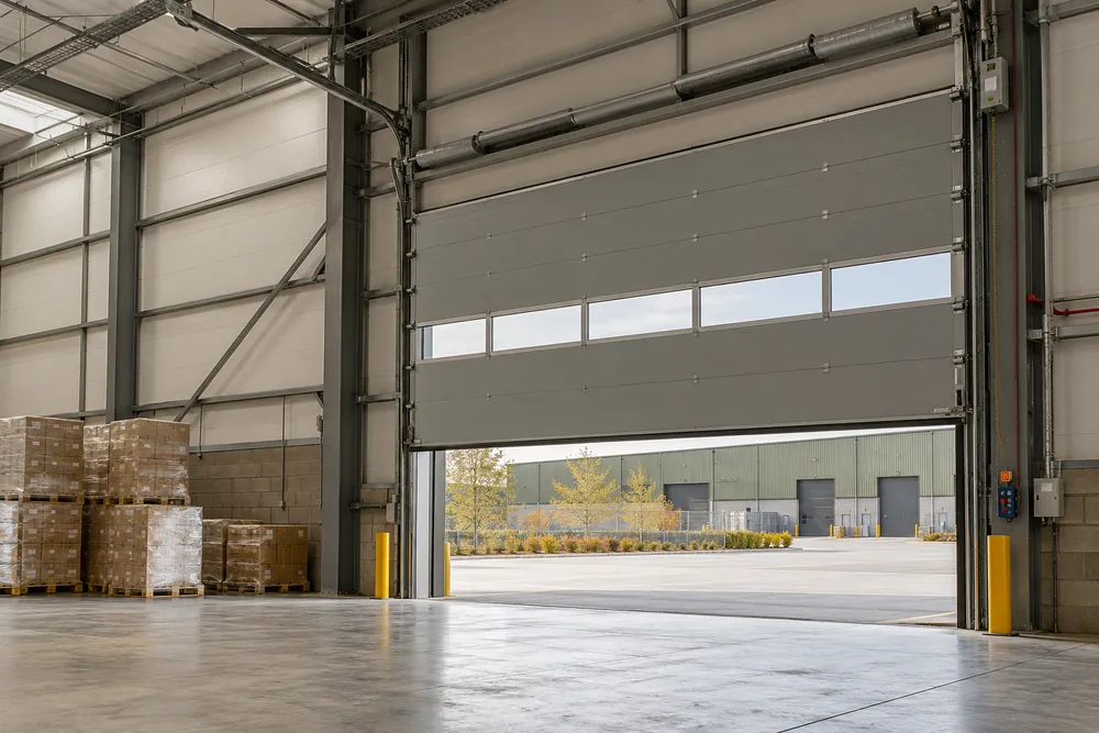 Insulated sectional overhead door and tracks inside a warehouse